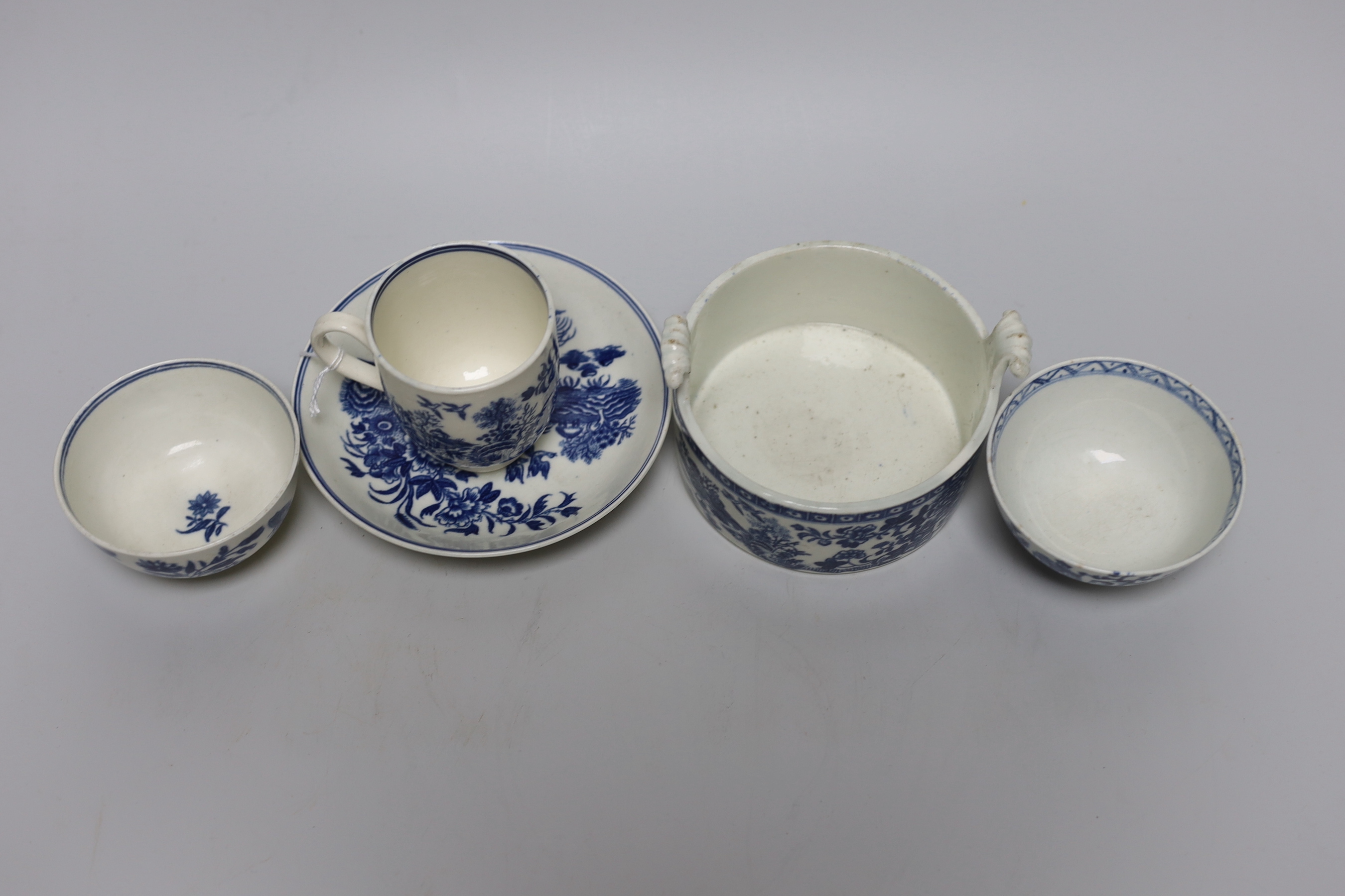 An 18th century Worcester blue and white fence pattern butter dish, a coffee cup and saucer and two teabowls in a different pattern